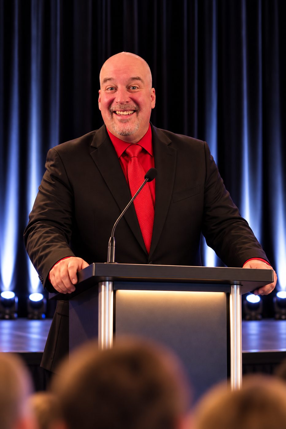 Carl Michaud au lutrin, en conférence devant le public