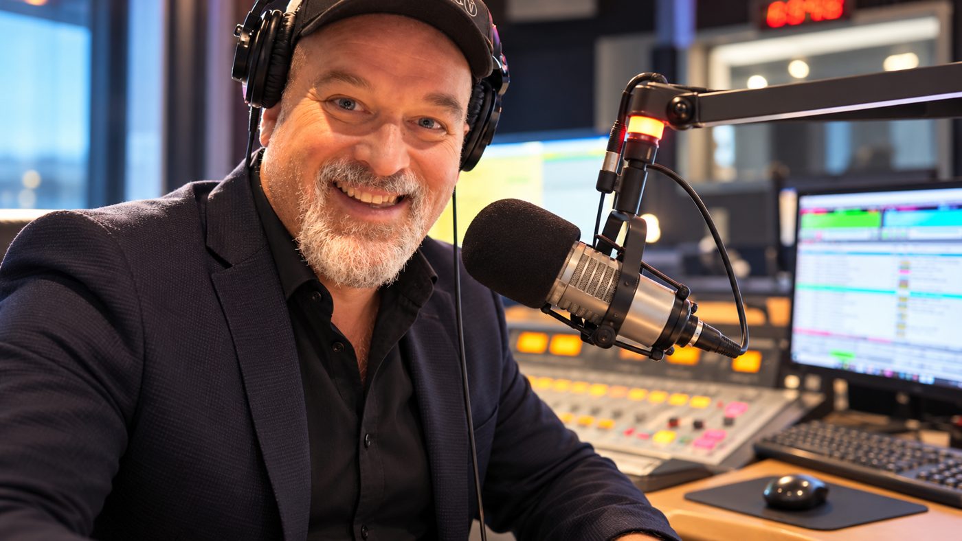 Carl Michaud en studio de radio, casque d'écoute et micro